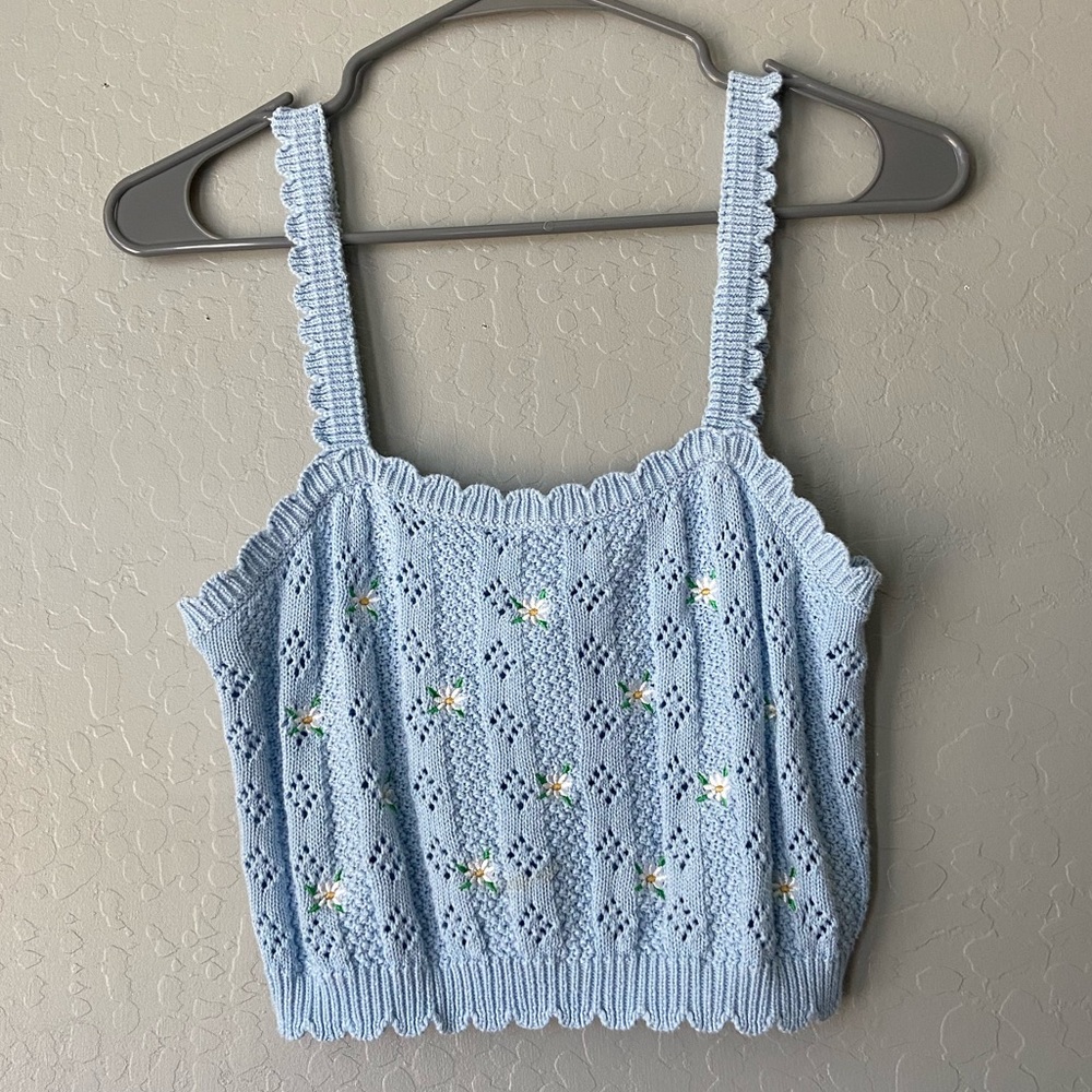 Blue Crocheted Tank Top with Embroidery